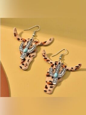 Turquoise Stone Texture Silver Cactus Cowhide Leather Cow Head Western Earrings